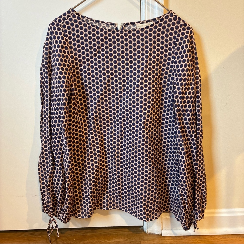 Ann Mashburn linen blue sleeve blouse navy polkadots size S